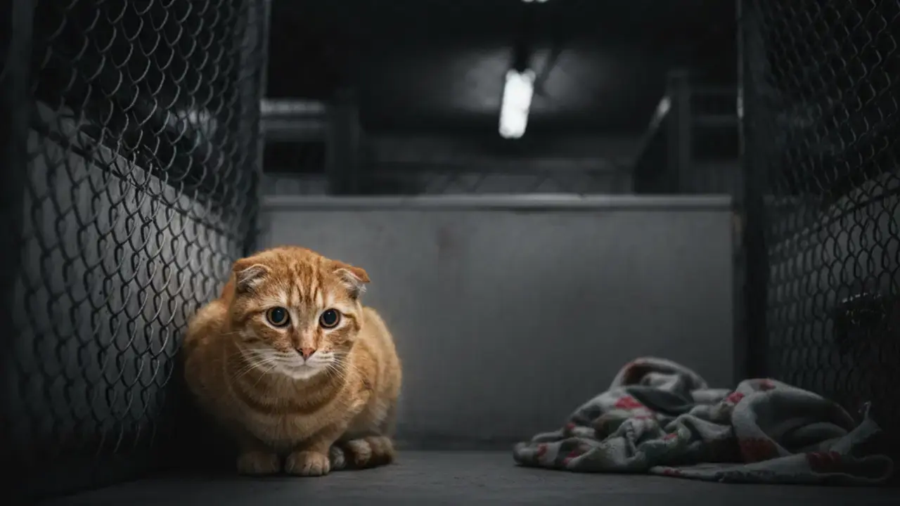 Gato visivelmente estressado e isolado em um ambiente de hotel tradicional, em uma gaiola pequena e sem enriquecimento ambiental.