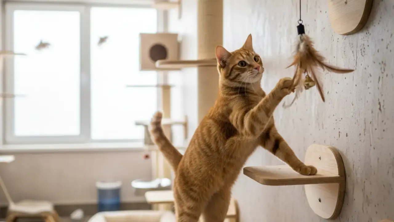 Gato feliz e relaxado explorando um bangalô individual da A Gata Cristy, com arranhadores, prateleiras e brinquedos, mostrando um ambiente enriquecido.