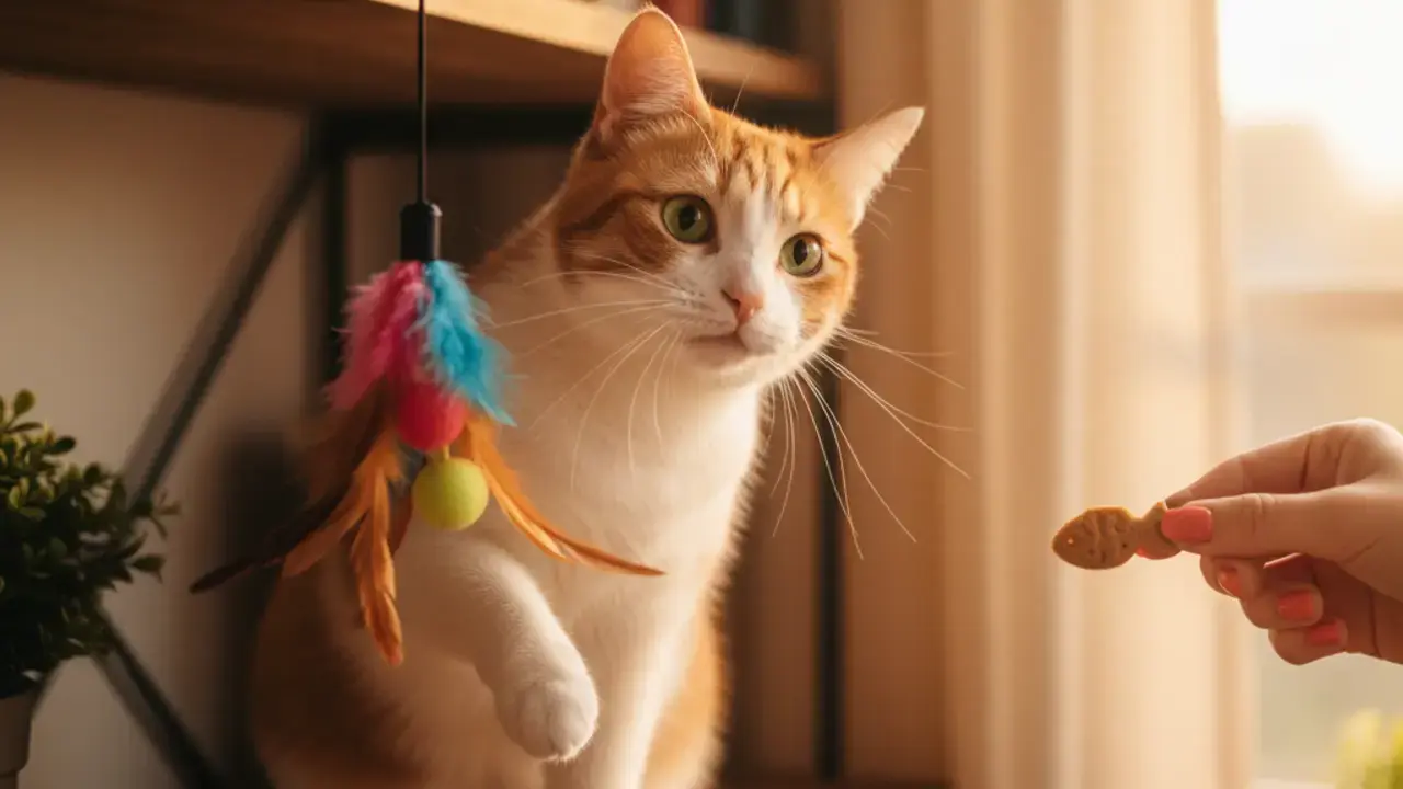 Gato deitado tranquilamente em uma prateleira de um bangalô individual, com arranhador e brinquedos, demonstrando bem-estar em um ambiente enriquecido.