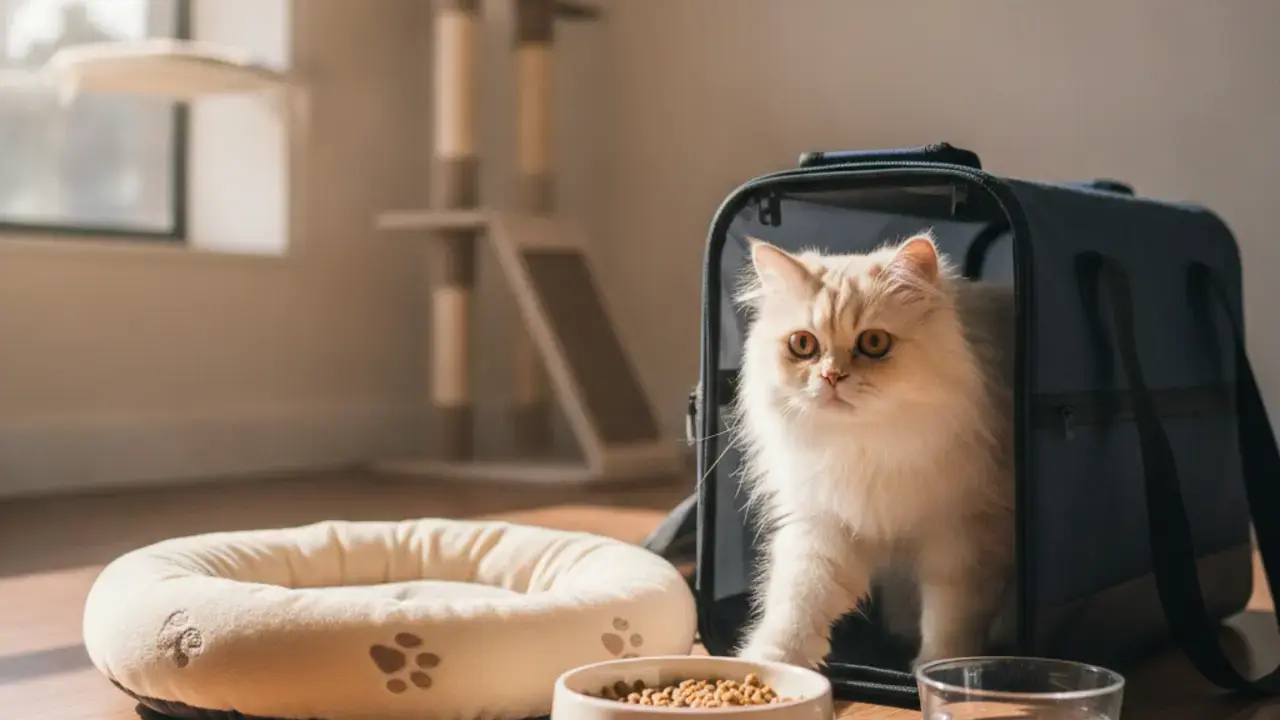 Gato siamês saindo calmamente de sua caixa de transporte para explorar uma suíte espaçosa em um hotel felino, simbolizando uma adaptação tranquila.