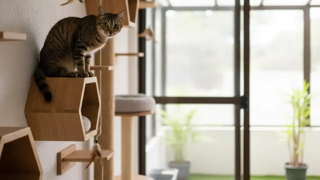Suíte de hotel para gatos com design de gatificação, prateleiras, arranhadores e solário seguro para o bem-estar felino.